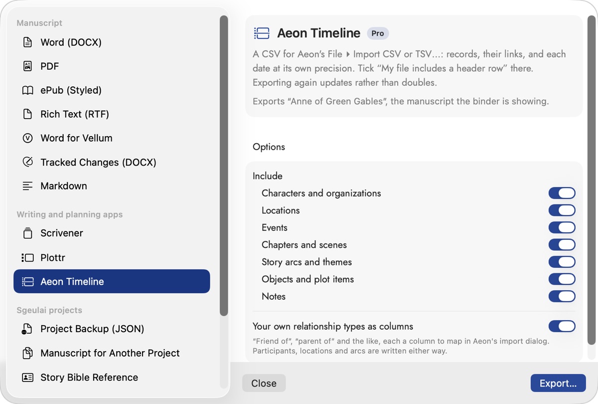 Sgeulai's Export window: formats grouped under Manuscript, Writing and planning apps and Sgeulai projects, with Aeon Timeline selected, a Pro badge, and options for which records to include.