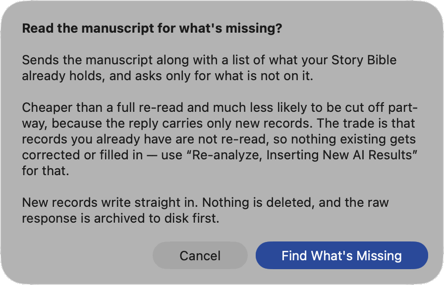 The "Read the manuscript for what's missing?" confirmation: it sends the manuscript along with a list of what the Story Bible already holds and asks only for what is not on it; cheaper than a full re-read and less likely to be cut off part-way because the reply carries only new records; the trade is that existing records are not re-read so nothing already there gets corrected or filled in; new records write straight in, nothing is deleted, and the raw response is archived to disk first. Cancel and Find What's Missing buttons.