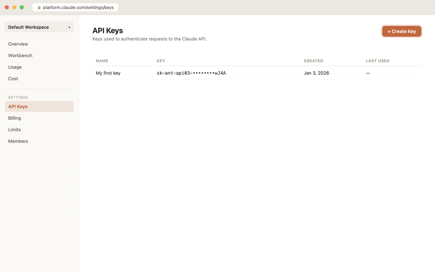 Settings, API Keys page: a left-hand sidebar (Overview, Workbench, Usage, Cost, then Settings: API Keys, Billing, Limits, Members) and a table of existing keys with a Create Key button in the top-right corner.