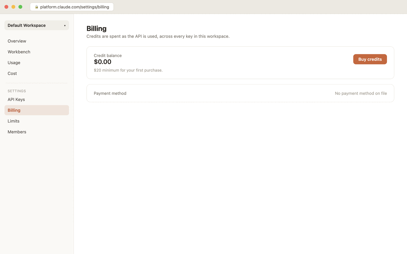 The Billing page: a Credit balance card reading $0.00 with a Buy Credits button and a note that the first purchase has a $20 minimum, and a Payment Method row below it.