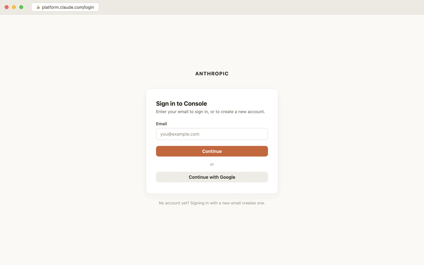 platform.claude.com's sign-in screen: an Anthropic wordmark over a card asking for an email address, a Continue button, and a Continue with Google option. The same screen creates a new account for an email that hasn't signed in before.