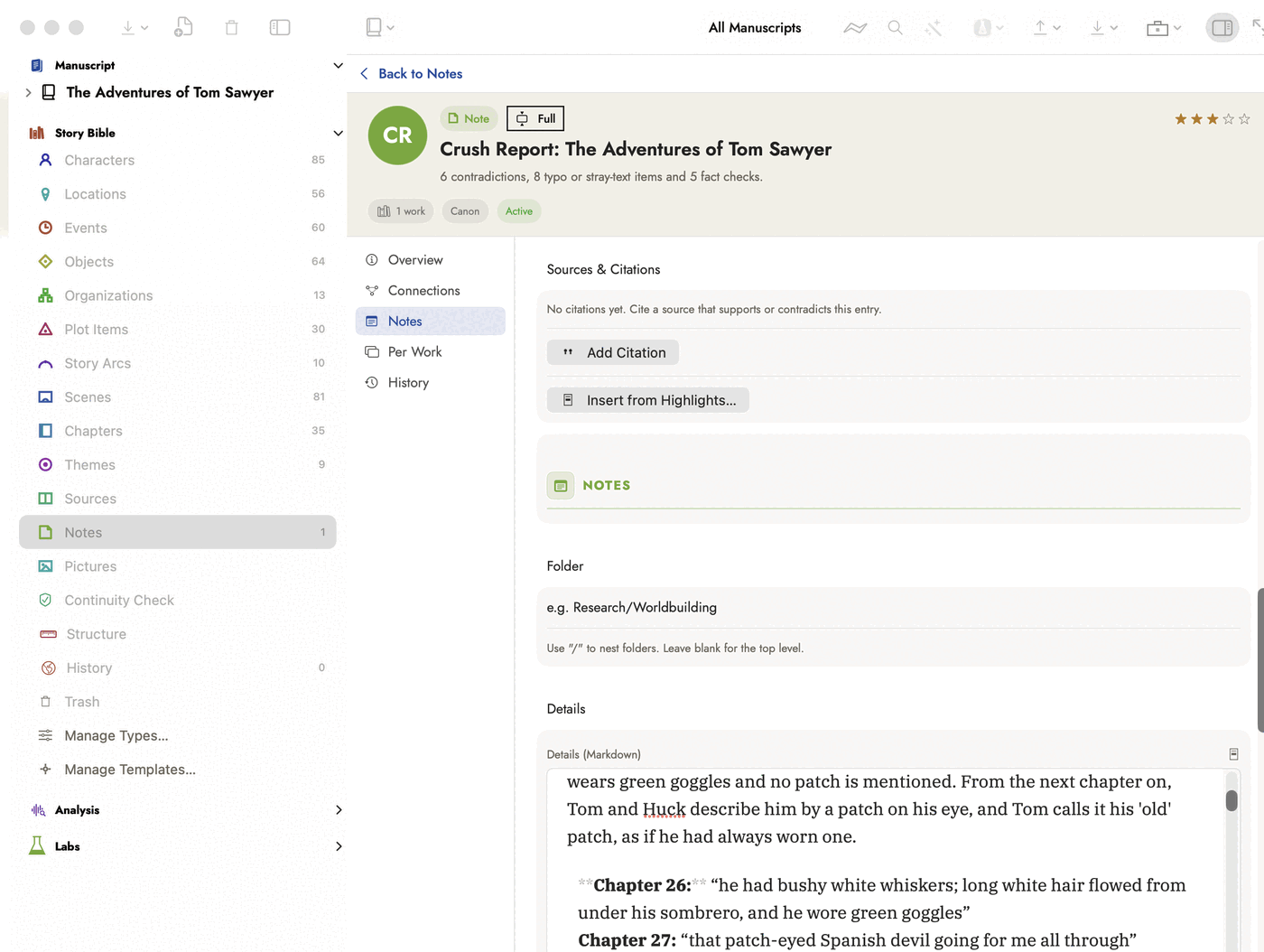 A Story Bible Note open in the record editor, titled "Crush Report: The Adventures of Tom Sawyer", with the summary line "6 contradictions, 8 typo or stray-text items and 5 fact checks." beneath it. In the Details (Markdown) field, the tail of an explanation about a disguised character's goggles and eye patch sits over two quoted sides, one labelled Chapter 26 and one Chapter 27.