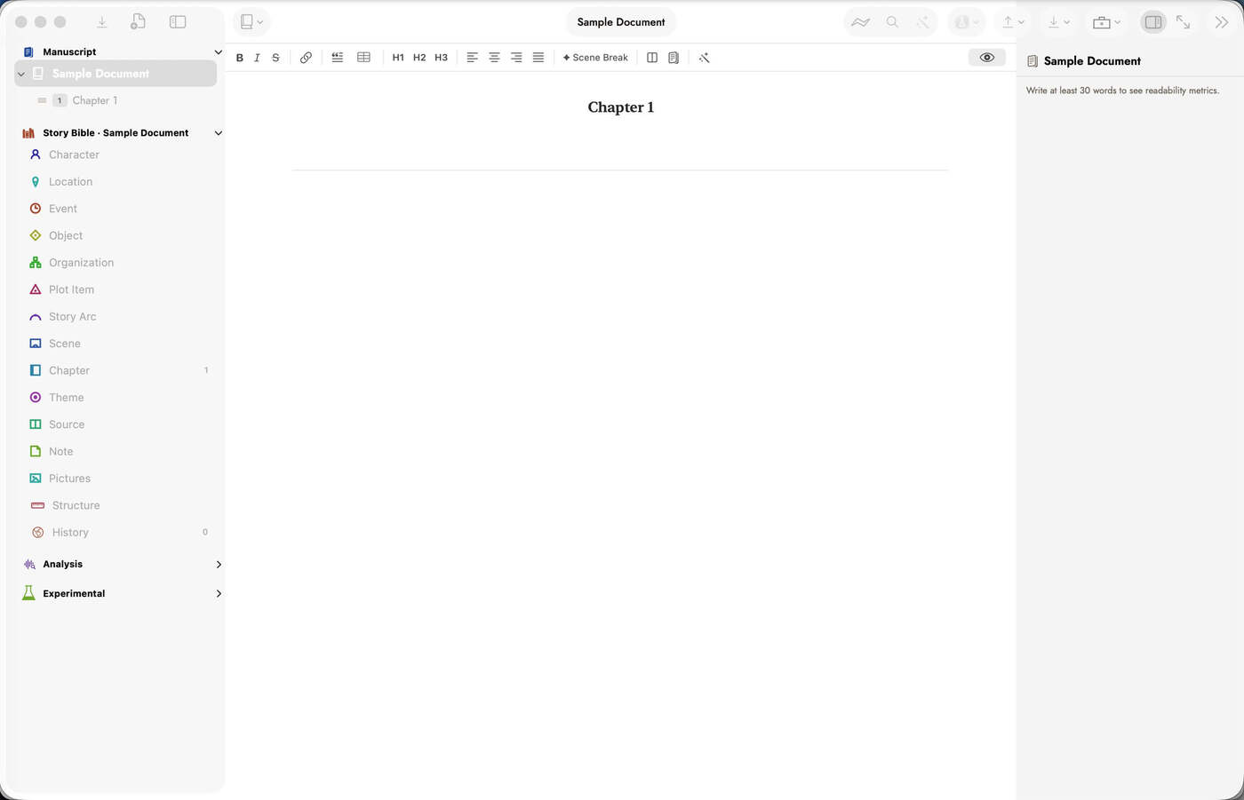 The Sgeulai window immediately after creating a blank manuscript: the binder shows the new manuscript with a single Chapter 1 beneath it and a Story Bible list where every record type reads zero except Chapter, which reads 1; the editor holds an empty Chapter 1; and the inspector says "Write at least 30 words to see readability metrics."