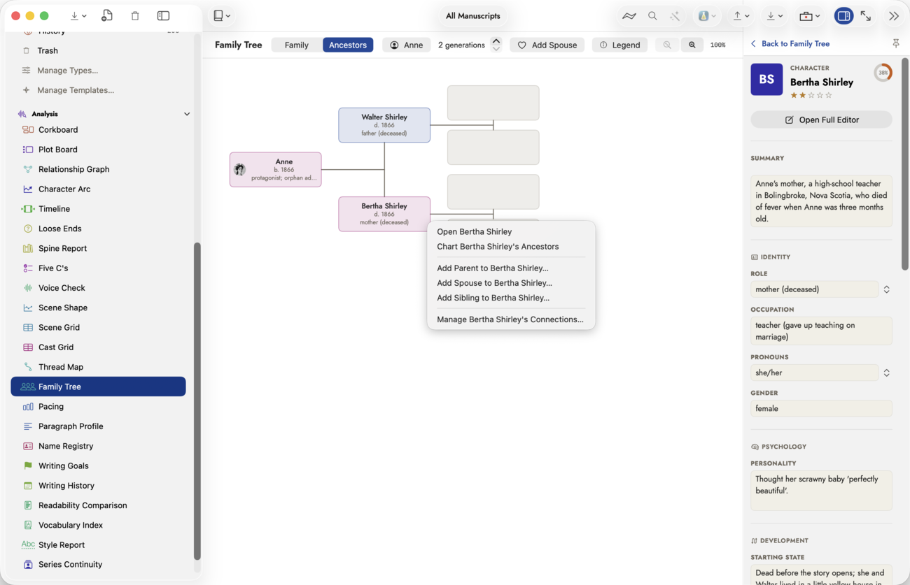 The Family Tree in Ancestors mode on Anne, right-click menu open on her mother's card: Open Bertha Shirley, Chart Bertha Shirley's Ancestors, Add Parent to Bertha Shirley…, Add Spouse to Bertha Shirley…, Add Sibling to Bertha Shirley…, and Manage Bertha Shirley's Connections…, with Bertha's record panel open on the right.