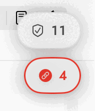 Two pill-shaped badges stacked in the editor's top-trailing corner: a grey capsule reading 11 beside a shield icon for Continuity Check, and below it a red-bordered capsule reading 4 beside a broken-link icon for Link Integrity.