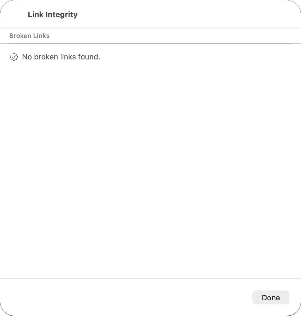 The Link Integrity Report sheet titled "Link Integrity", with a Broken Links section reading "No broken links found." beside a checkmark seal icon.