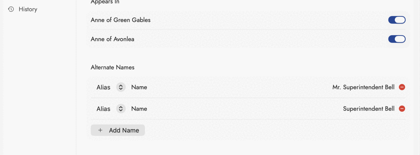 The Alternate Names section of Mr. Bell's record: two Alias rows, "Mr. Superintendent Bell" and "Superintendent Bell", each with a remove button, above an Add Name button. The Appears In toggles for both Anne books sit just above.