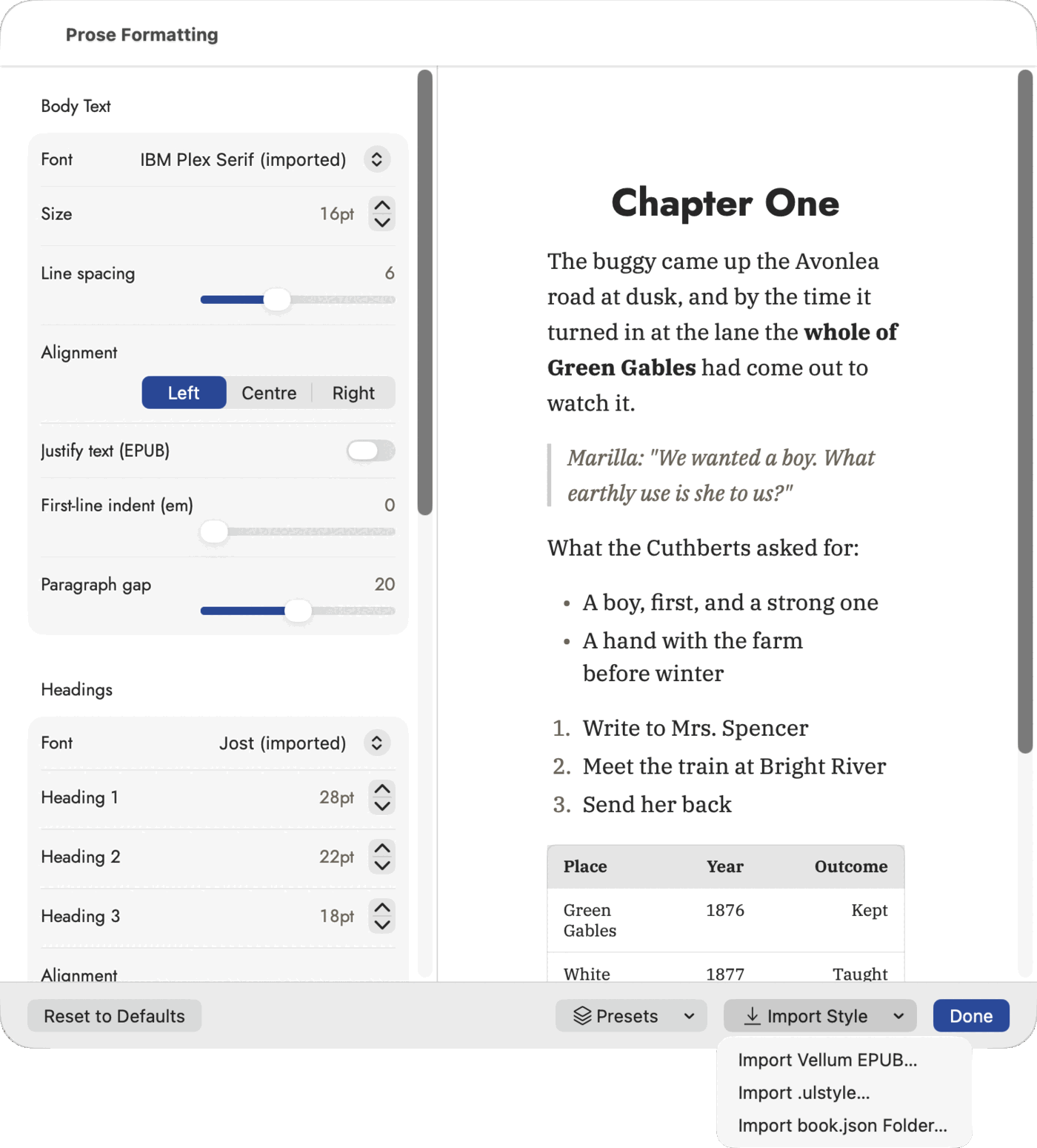 The same sheet with the Import Style menu open at the bottom, offering Import Vellum EPUB…, Import .ulstyle… and Import book.json Folder….