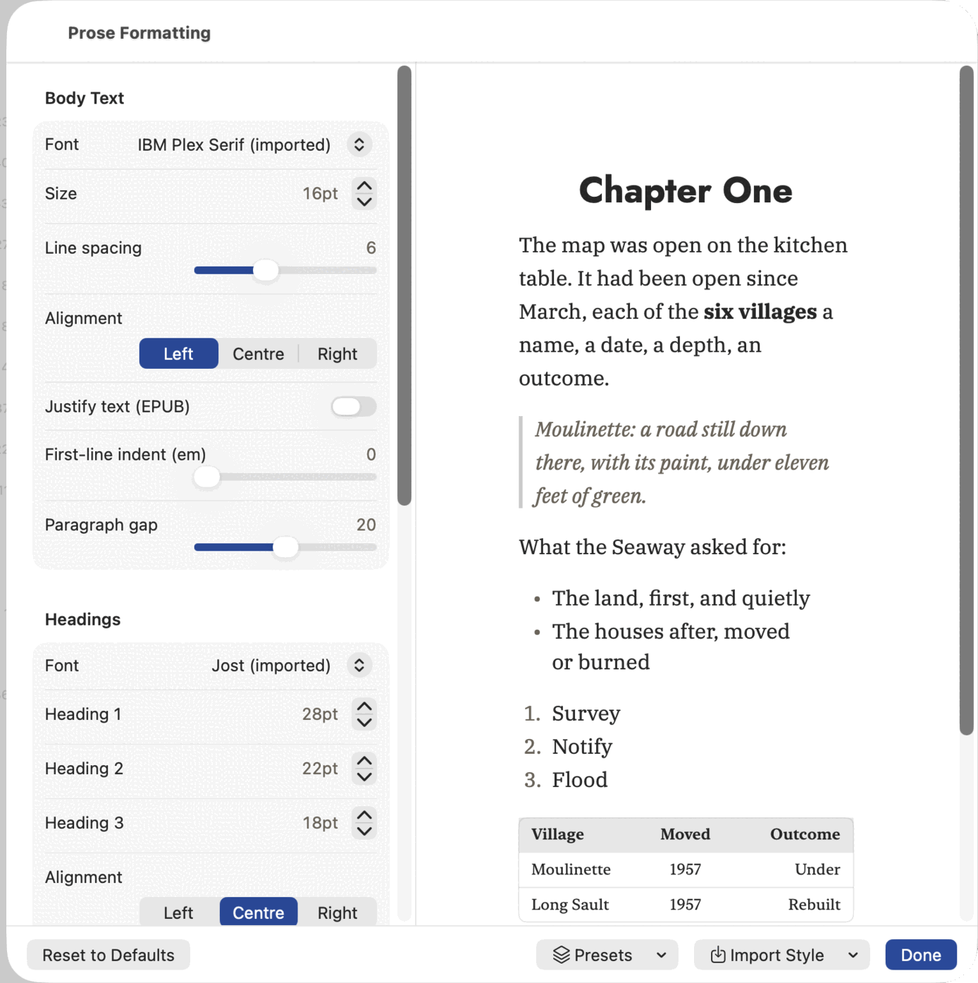 The Prose Formatting sheet: a Body Text group with Font set to IBM Plex Serif (imported), Size 16pt, Line spacing, Alignment, a Justify text (EPUB) switch, First-line indent and Paragraph gap sliders, a Headings group beneath it, and a live preview beside them showing a chapter opening with a blockquote, a bulleted list, a numbered list and a table.