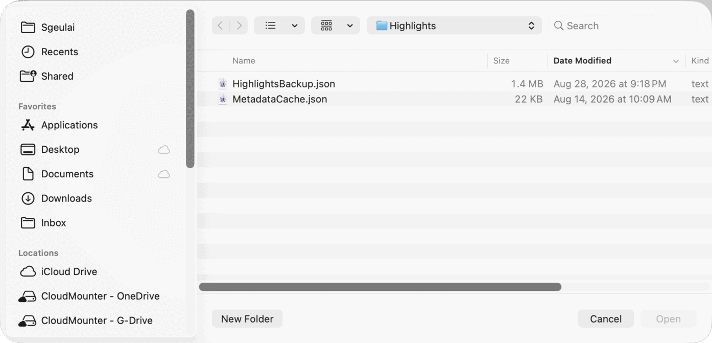 A macOS open panel showing the Highlights folder in its path control, with two files listed: HighlightsBackup.json at 1.4 MB and MetadataCache.json at 22 KB, each with a modification date. The Finder sidebar is at the left; New Folder, Cancel and a dimmed Open button sit along the bottom.
