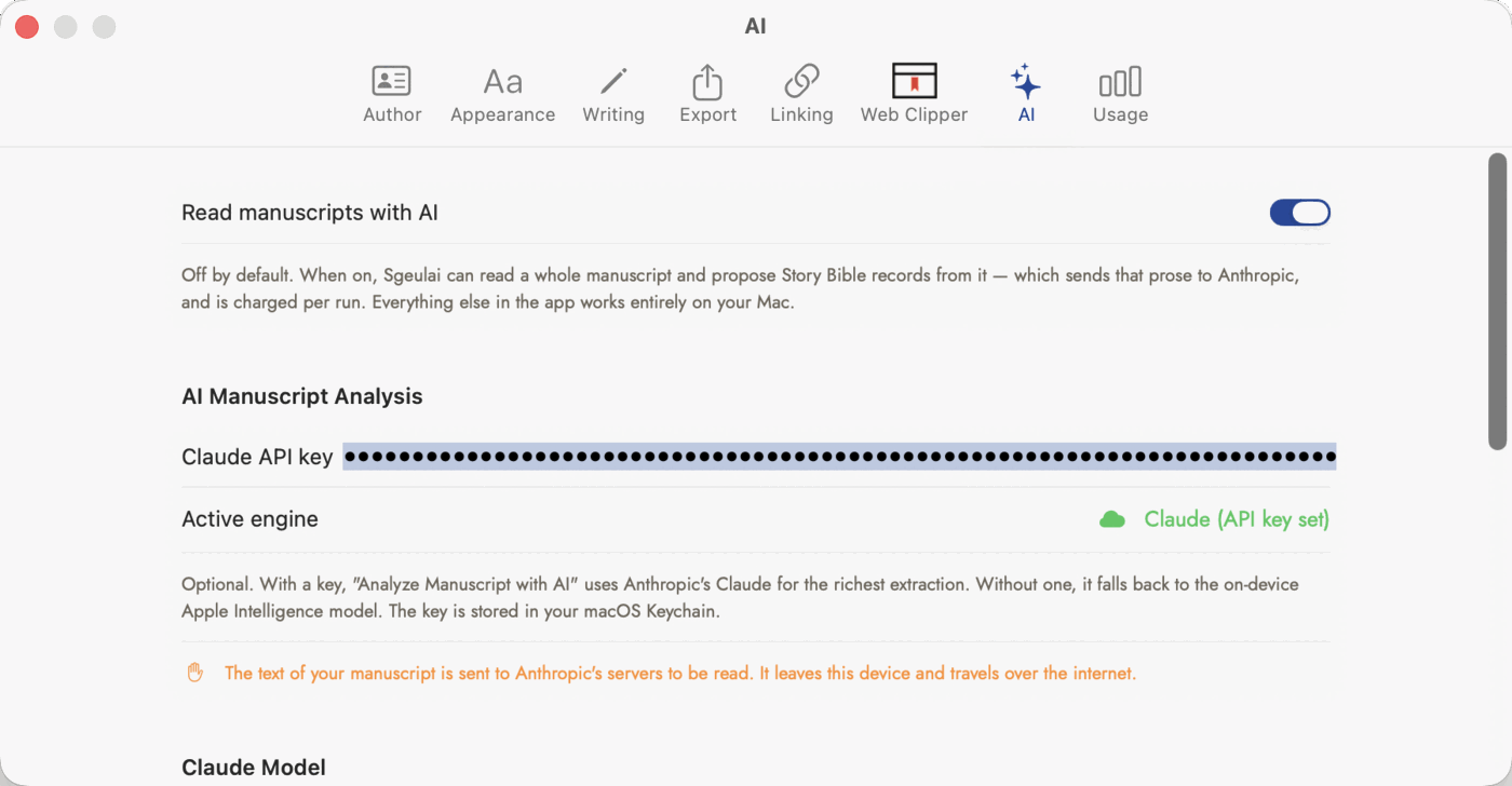 Sgeulai's Settings, AI tab: Read manuscripts with AI toggled on, a Claude API key field showing a key already entered and masked as dots rather than plain text, and Active engine reading "Claude (API key set)."