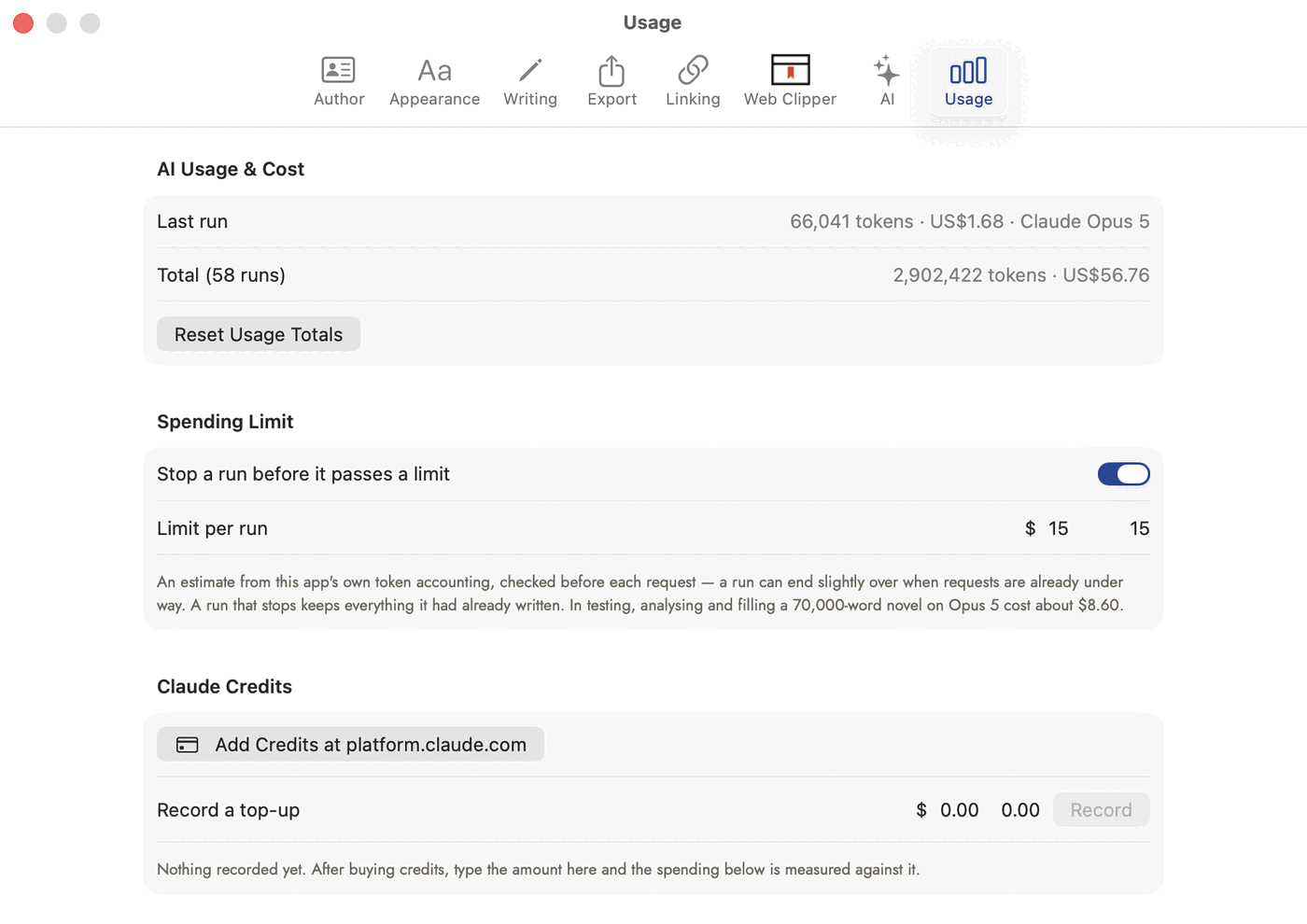 Sgeulai's own Settings, Usage tab: an AI Usage & Cost card showing the last run's tokens and cost plus a running total, a Spending Limit card with a switch and a $15 limit per run, and a Claude Credits card with an Add Credits at platform.claude.com button and a manual Record a top-up field.