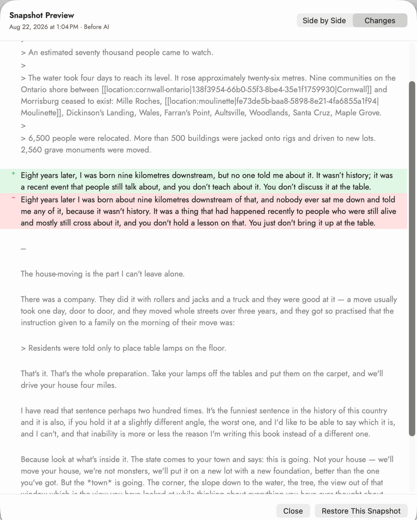 The Snapshot Preview sheet, titled with a timestamp and the label "Before AI", with a Side by Side / Changes toggle set to Changes: unchanged prose in grey, one paragraph in green marked with a plus as the current text, and the paragraph it replaced in red marked with a minus, with Close and Restore This Snapshot buttons at the foot.