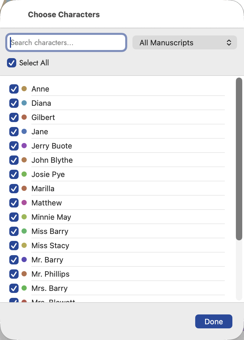 The Choose Characters sheet: a search field, a manuscript scope menu reading All Manuscripts, Select All ticked, and the characters listed below, every one ticked, each with its thread colour swatch — Anne, Diana, Gilbert, Jane, Jerry Buote, John Blythe, Josie Pye, Marilla, Matthew, Minnie May, Miss Barry, Miss Stacy, Mr. Barry, Mr. Phillips, Mrs. Barry and on — with a Done button at the foot.
