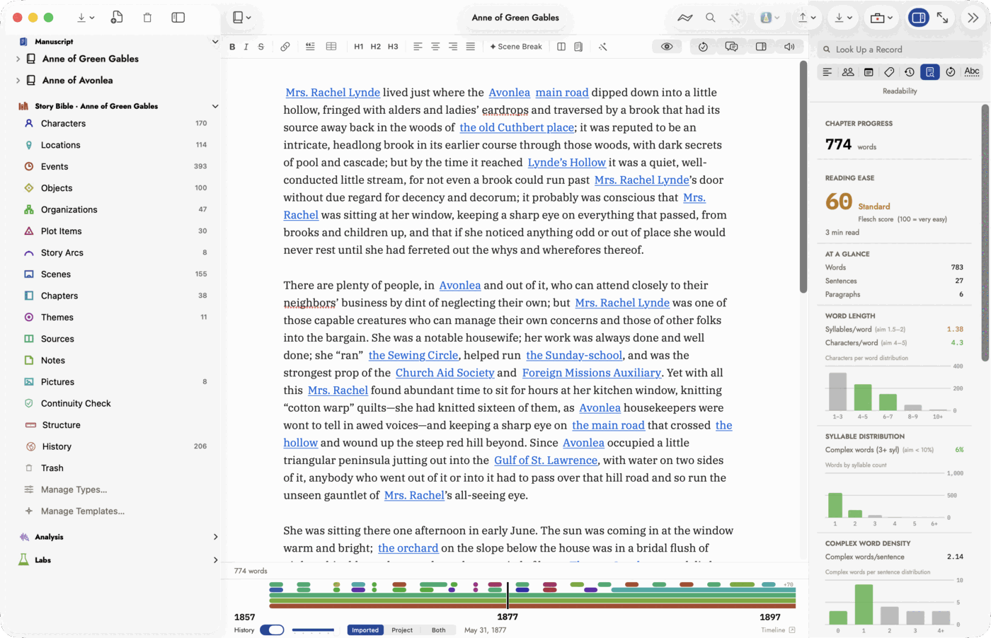 The whole Sgeulai window: on the left the binder, showing two manuscripts above a Story Bible record list with live counts, and Analysis and Labs sections at the bottom; in the middle the editor with a formatting bar and a scene of Anne of Green Gables open to its prose, full of blue wikilinks, with the History timeline strip beneath it; on the right the writing inspector, open on Readability, showing a reading-ease score of 60, Standard, an At a Glance word, sentence and paragraph count, and several distribution charts.