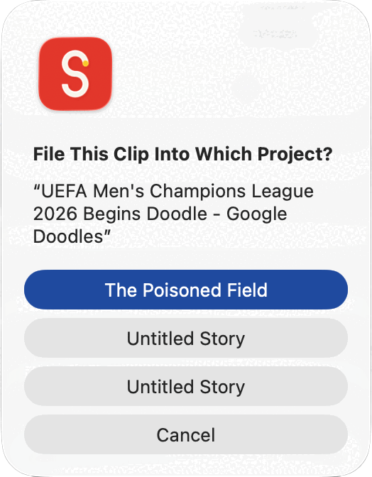 A small dialog carrying the red Sgeulai app icon, headed "File This Clip Into Which Project?" over the clipped page's title in quotation marks. Three project buttons are stacked below — one highlighted in blue and two in grey — with Cancel beneath them.