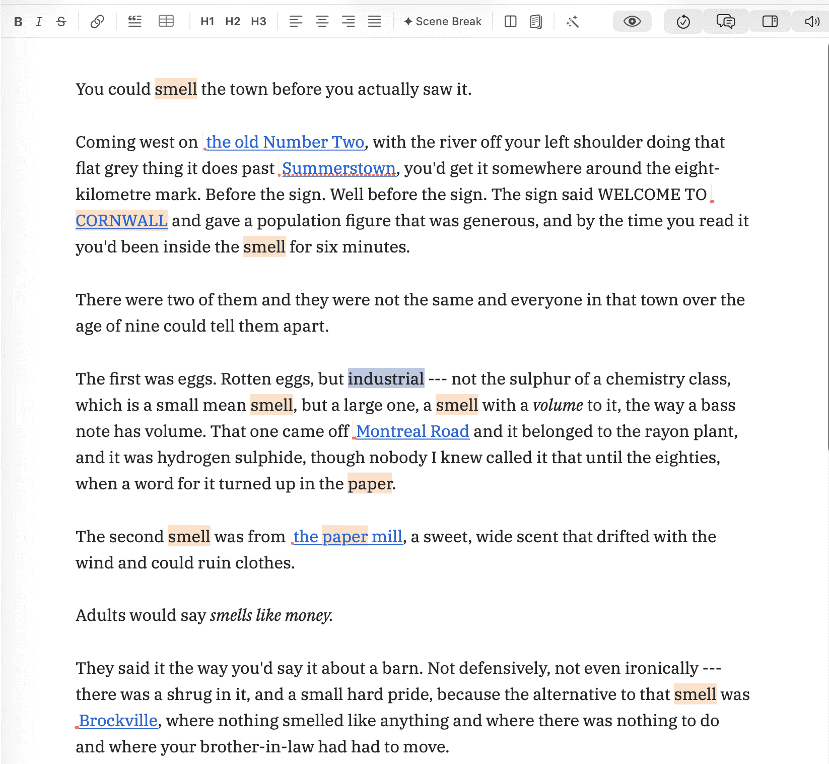 The editor with its formatting toolbar across the top. In the prose below, repeated words carry a soft peach shading: "smell" appears shaded six times across the visible paragraphs, "paper" twice, and the linked place-name "CORNWALL" once. Blue underlined wikilinks — "the old Number Two", "Summerstown", "Montreal Road", "the paper mill", "Brockville" — run through the same paragraphs unshaded.