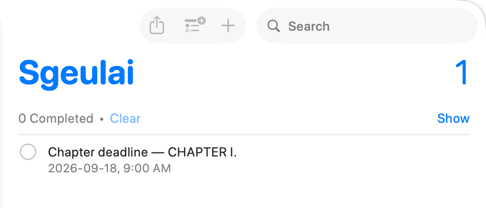 The Reminders app, showing a Sgeulai list with one entry: Chapter deadline — CHAPTER I., due 2026-09-18 at 9:00 AM.